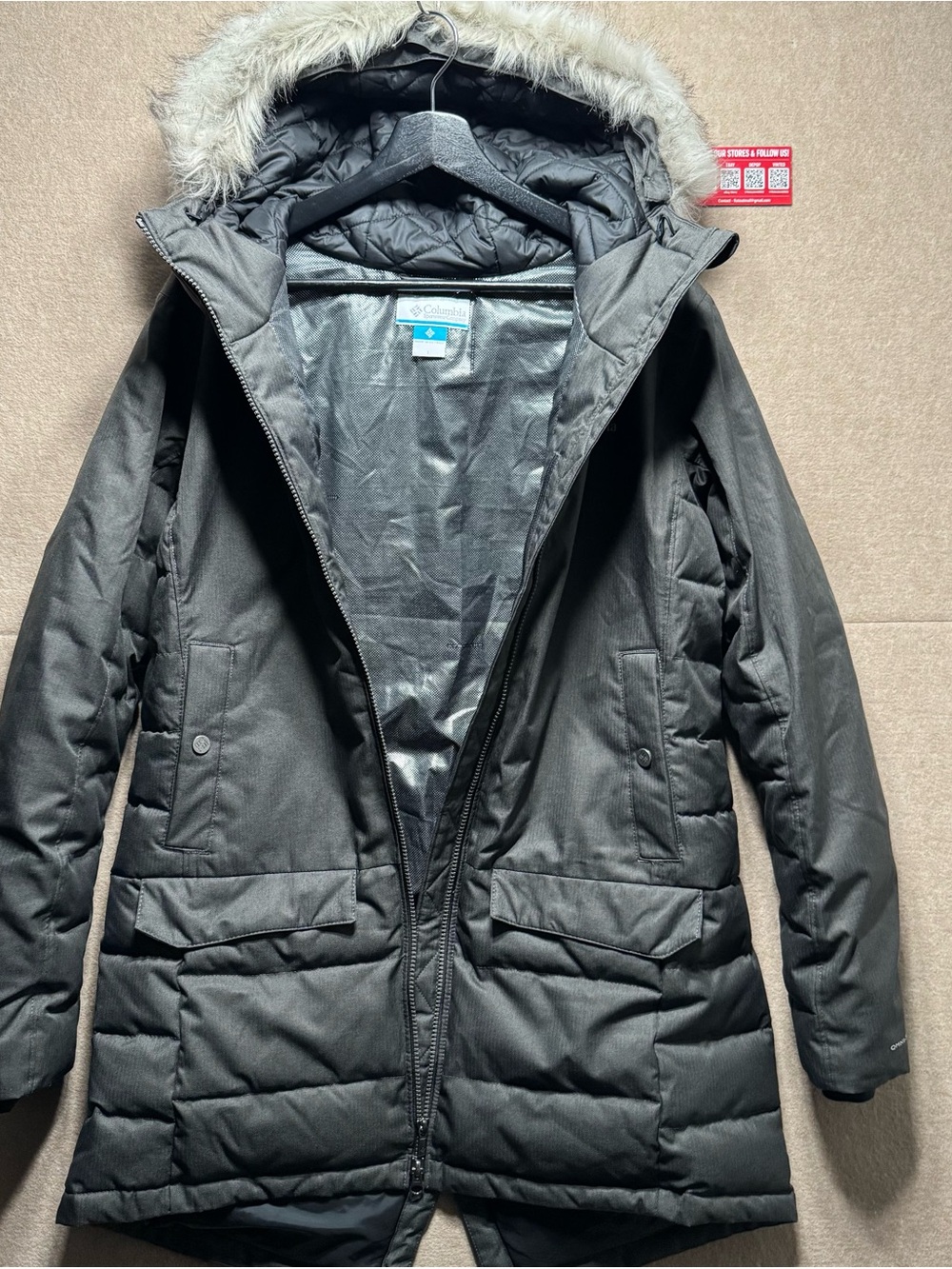 Columbia Women’s Large Gray Omni-Heat Long Parka Faux Fur Hood Winter Coat